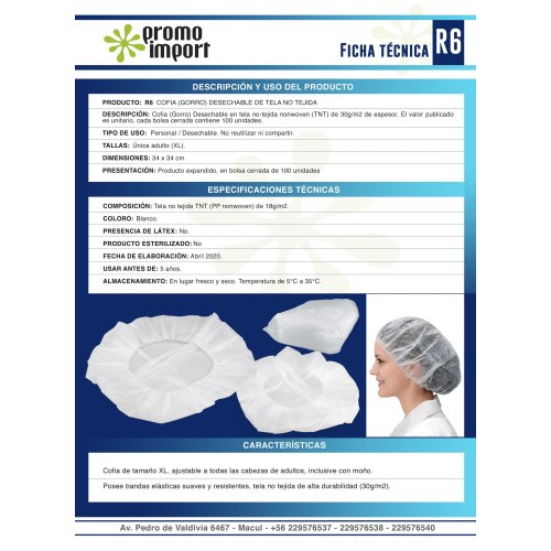 Set de 100 Cofias (Gorros) Desechables 30g/m2