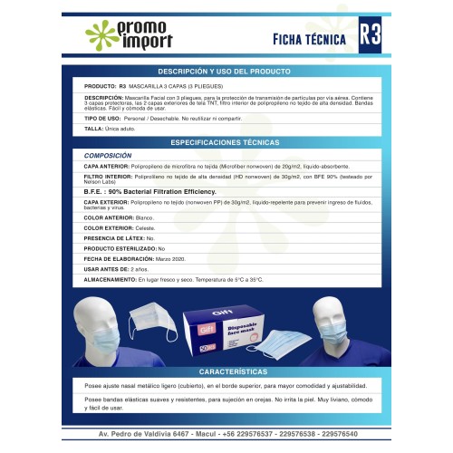 CAJA de 50 mascarillas de 3 capas No-médica / B.F.E. 90%